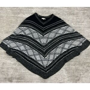 Kate & Sam Poncho Womens S/M Black White Fair Isle Geometric V-Neck Boho‎ Cape